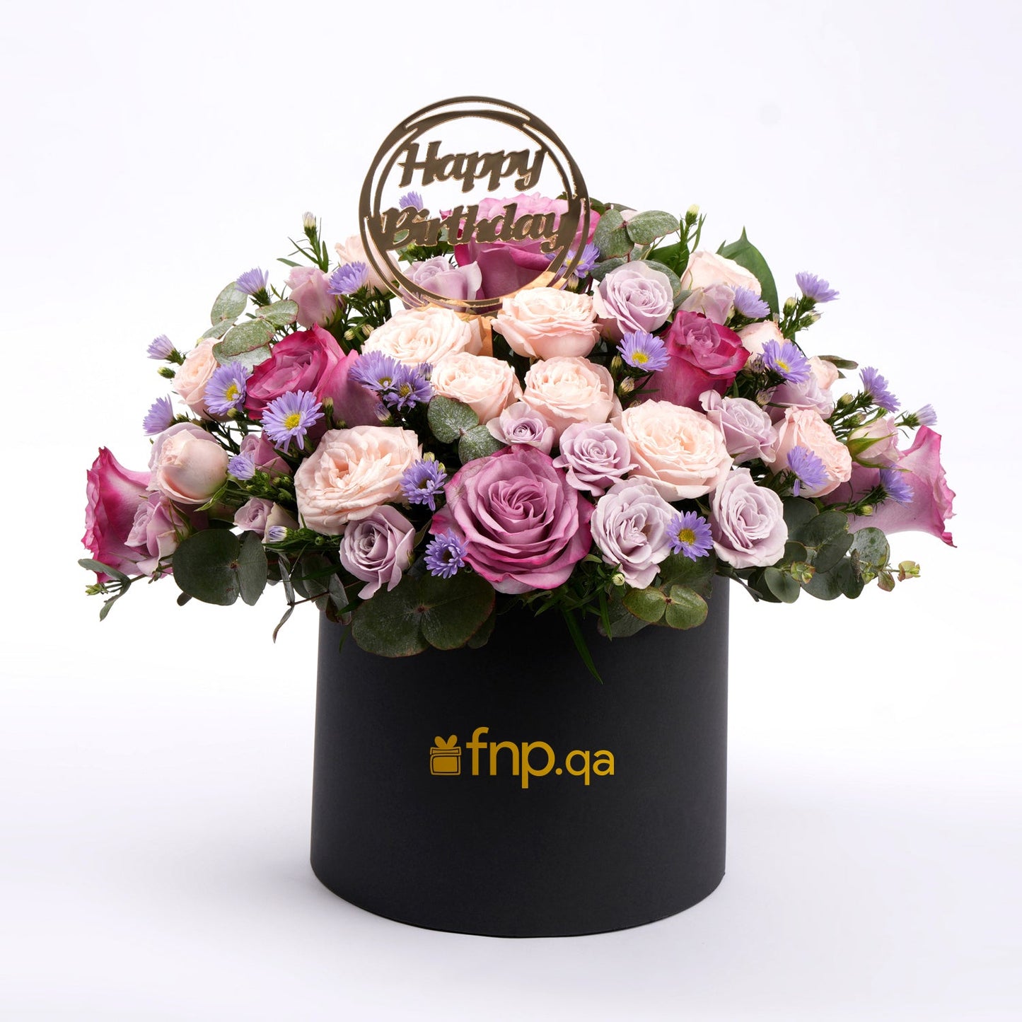 Exquisite Birthday Flowers Box with Purple Roses and Elegant Topper