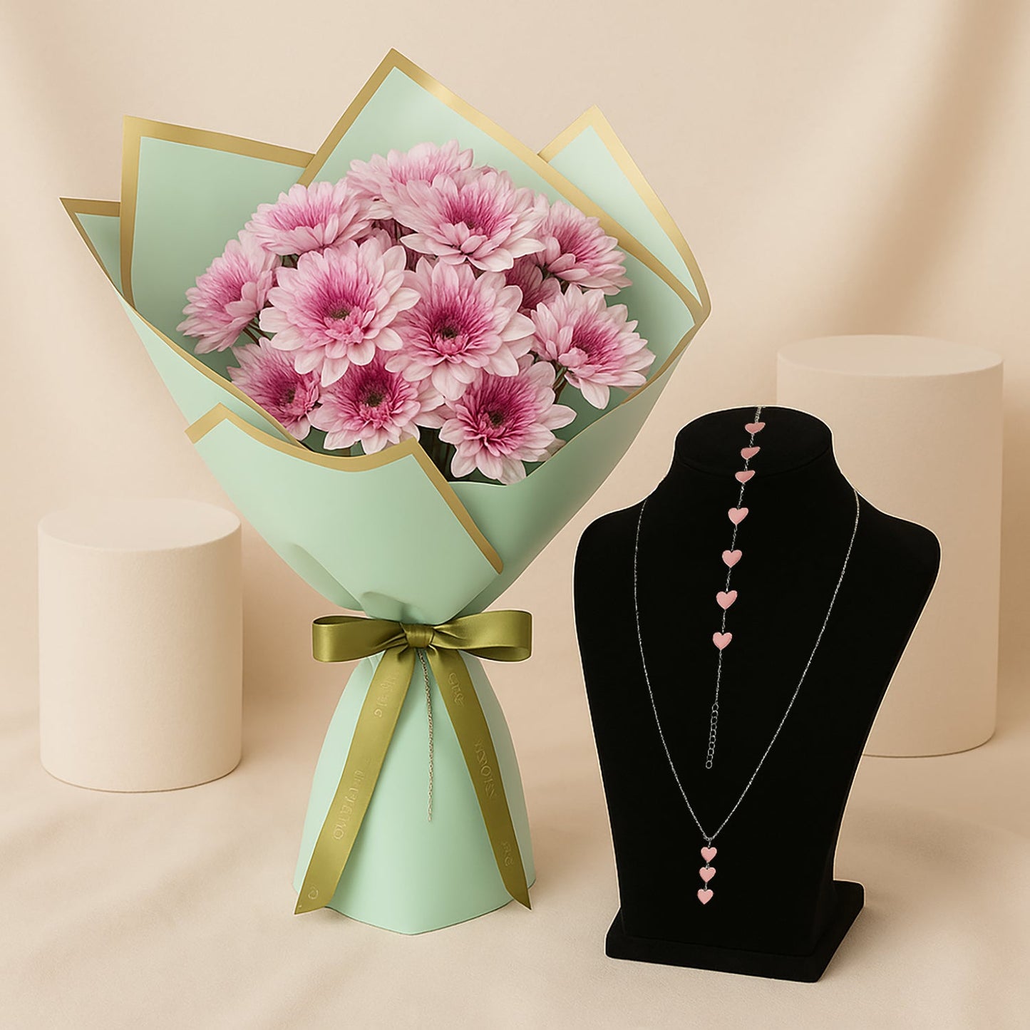 Blush Hearts Necklace Set With Bouquet