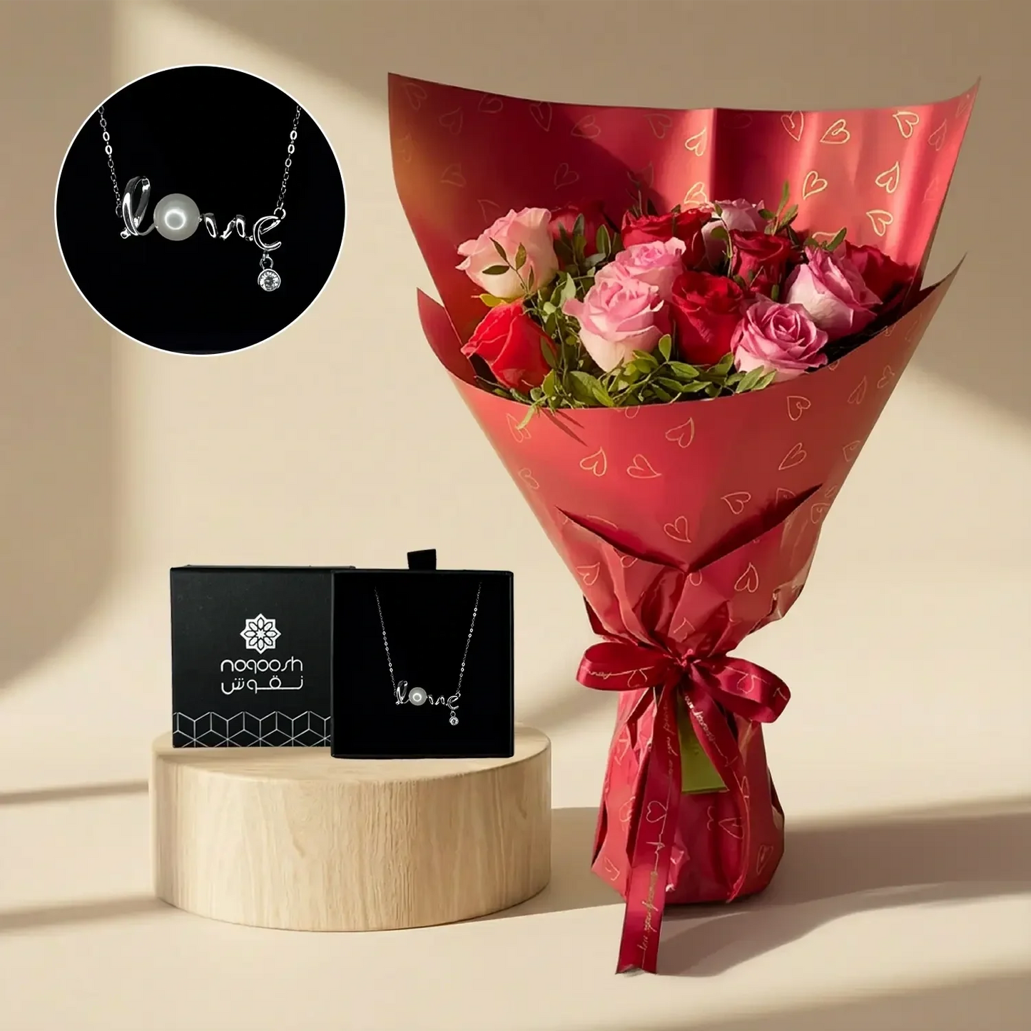 Blush Rose Bouquet & Sterling Silver Love Necklace Gift Set