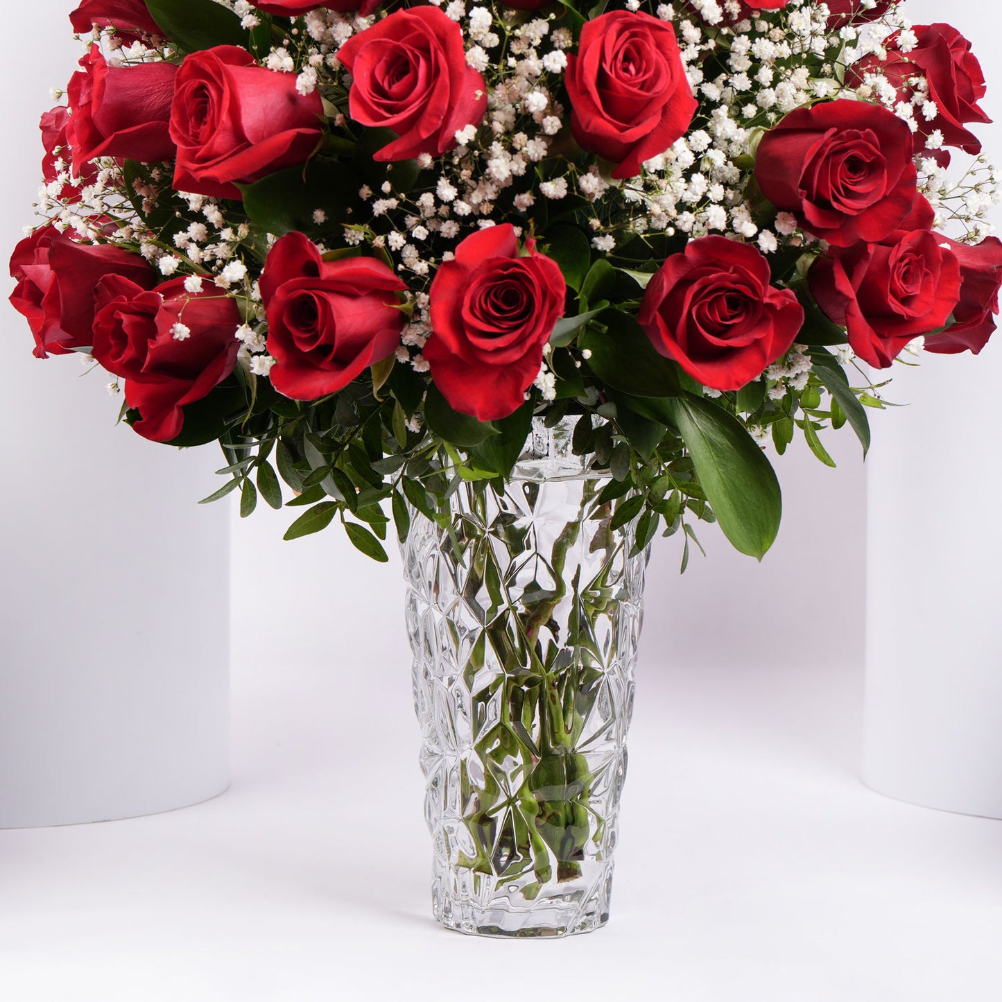 Luxurious Bouquet of 50 Scarlet Red Roses with Elegant Fillers in a Glass Vase