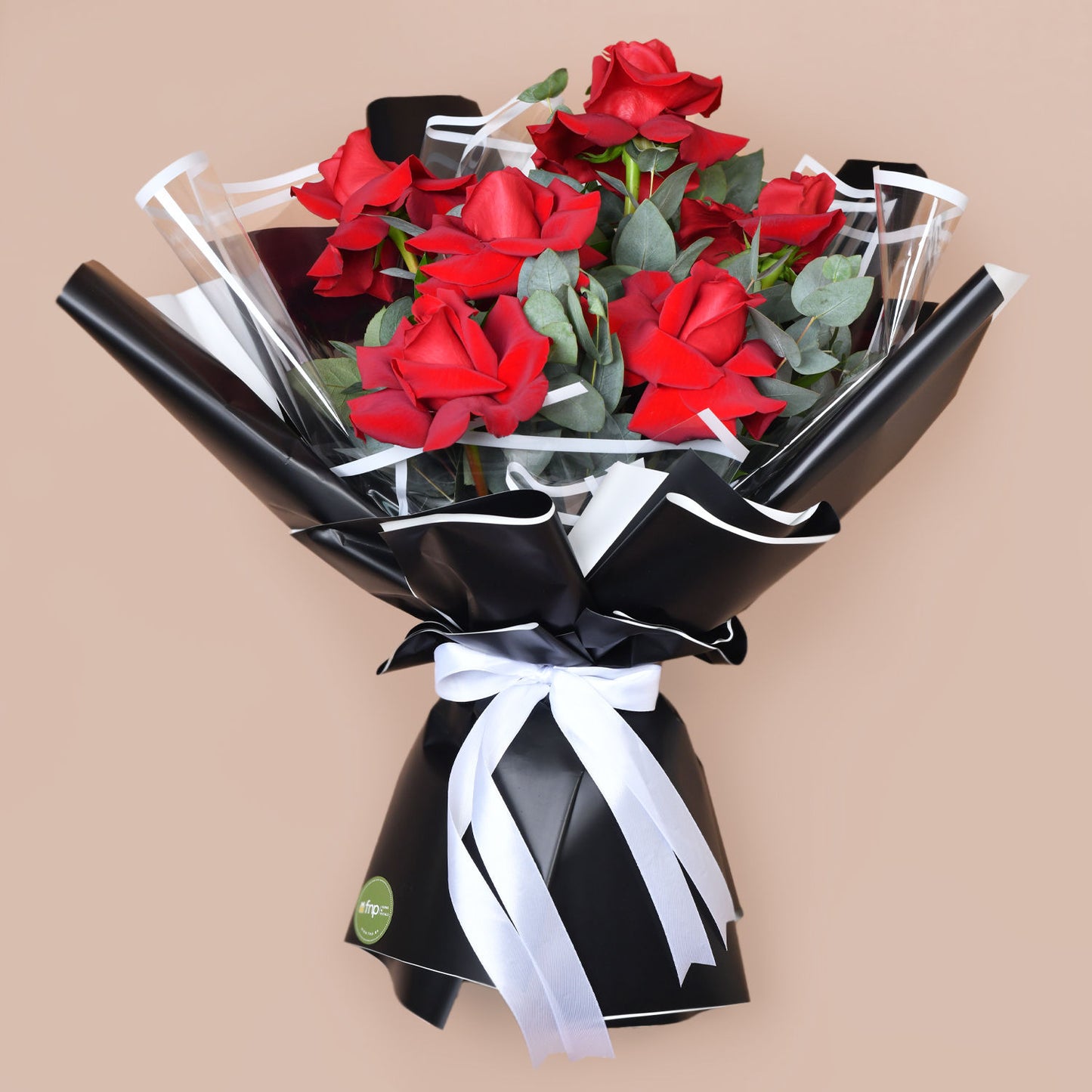 Elegant Bouquet of 6 Red Roses with Gypsophila and Eucalyptus
