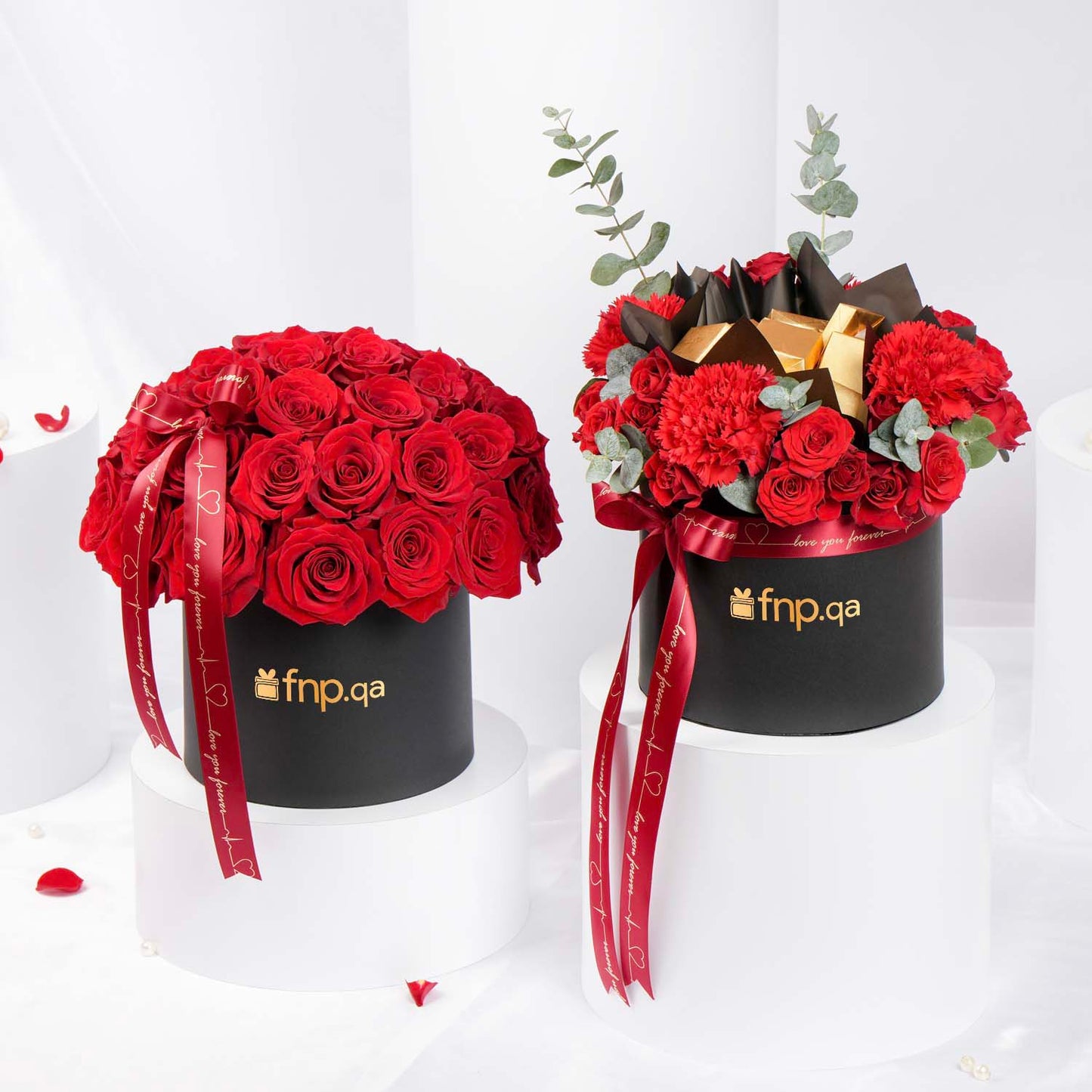 Elegant Valentine Flower Boxes with Chocolates: Luxurious Red Roses and Carnations