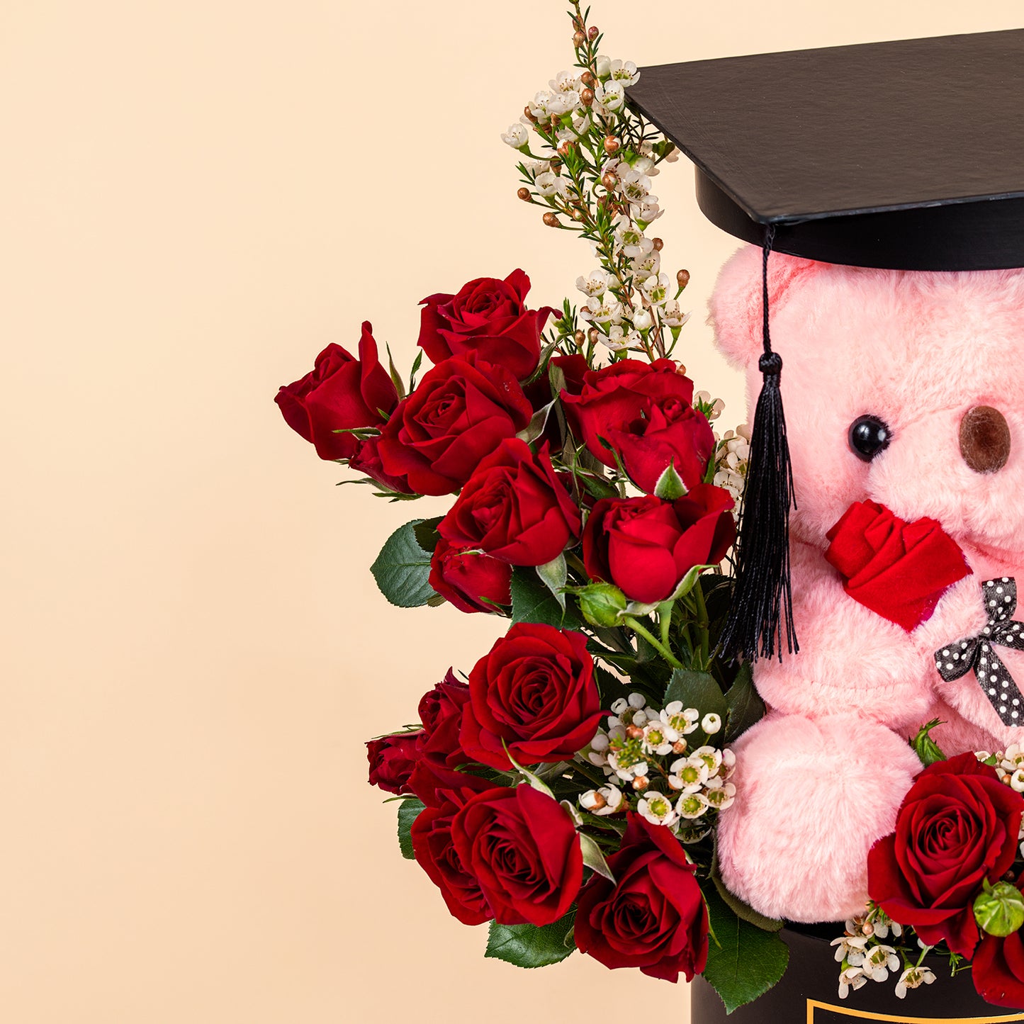 Graduation Celebration Gift: Roses, Teddy Bear & Chocolates