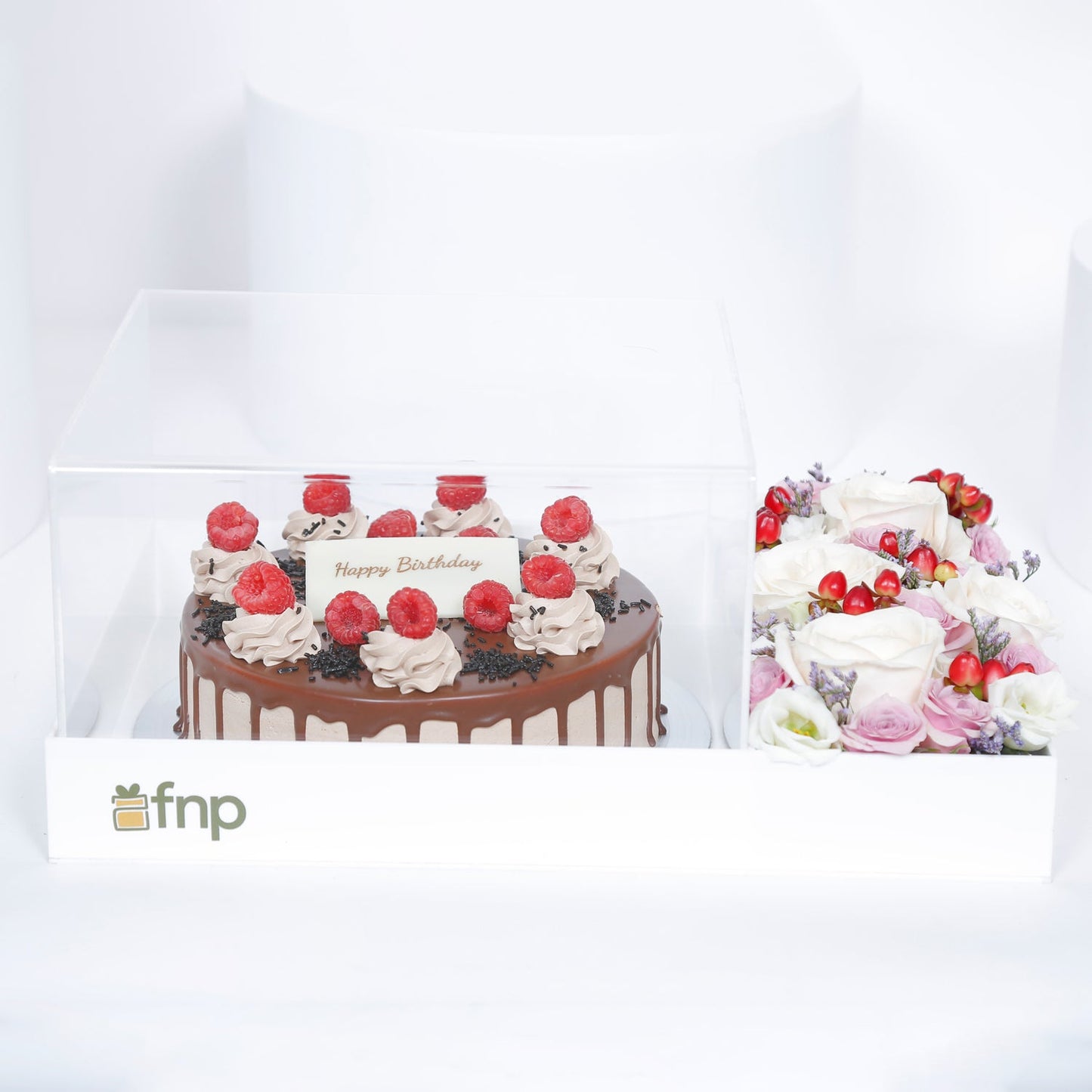 Chocolate Delight Birthday Cake with Elegant Floral Arrangement