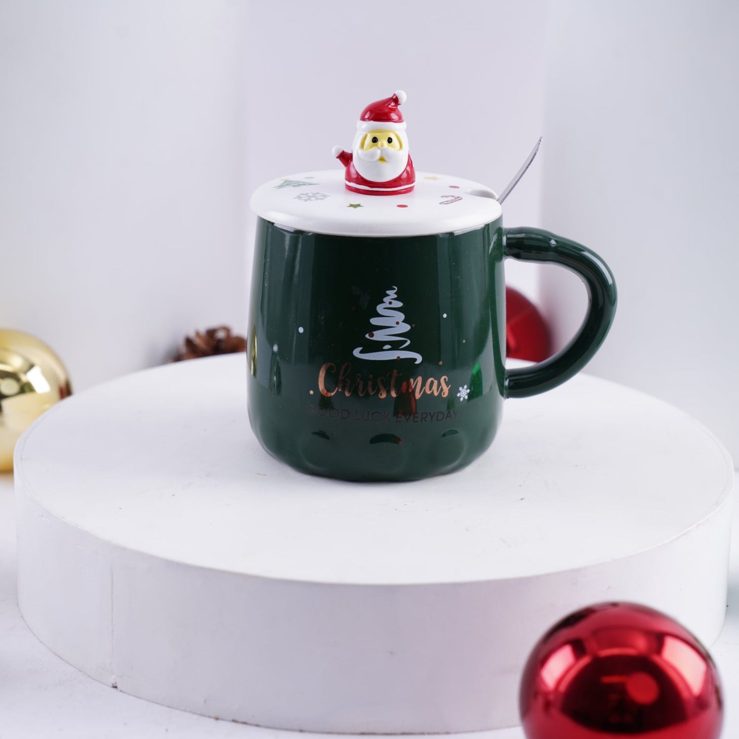 Festive Christmas Ceramic Mug with Santa Lid | Green & Red Holiday Design