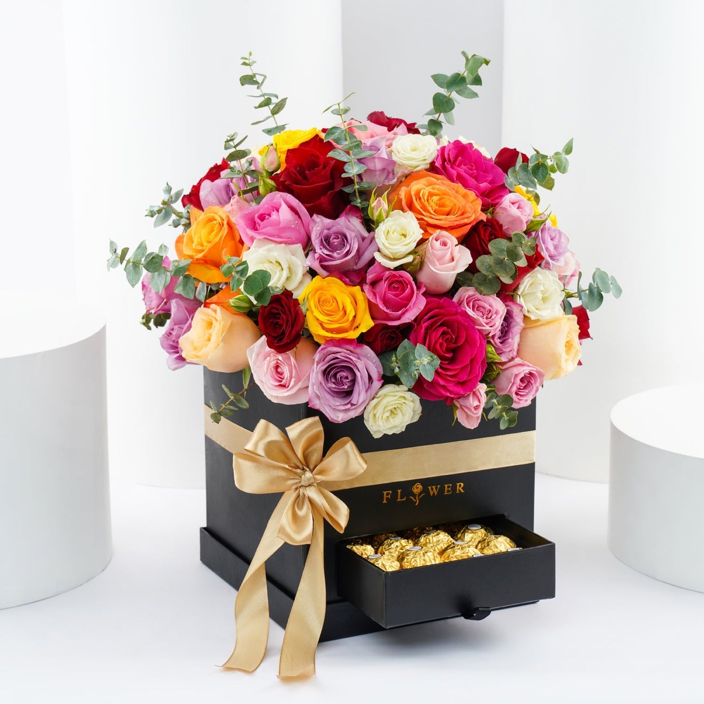 Vibrant Floral Symphony with Exquisite Chocolate Box