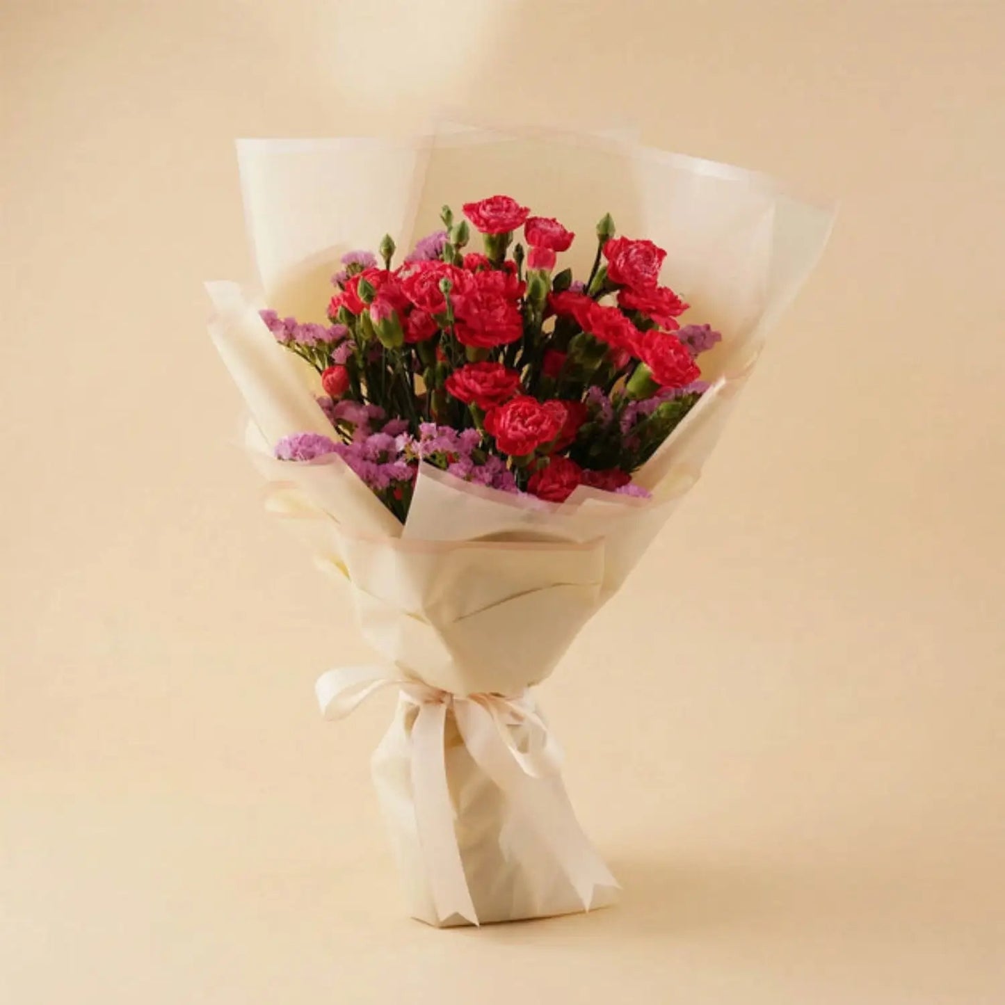Crimson Charm Bouquet with Dark Pink Roses & Delicate Pink Statice