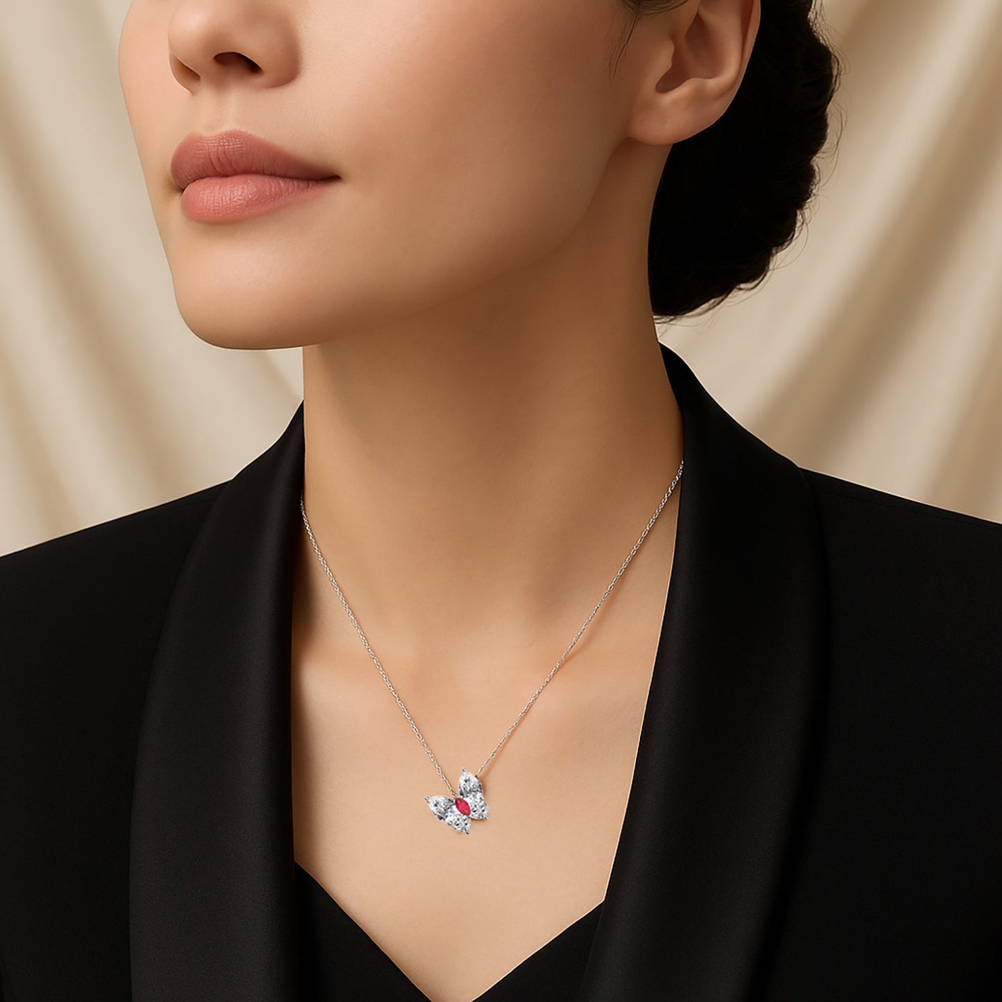 Elegant Crystal Butterfly Silver Necklace - 925 Sterling with Red Accent