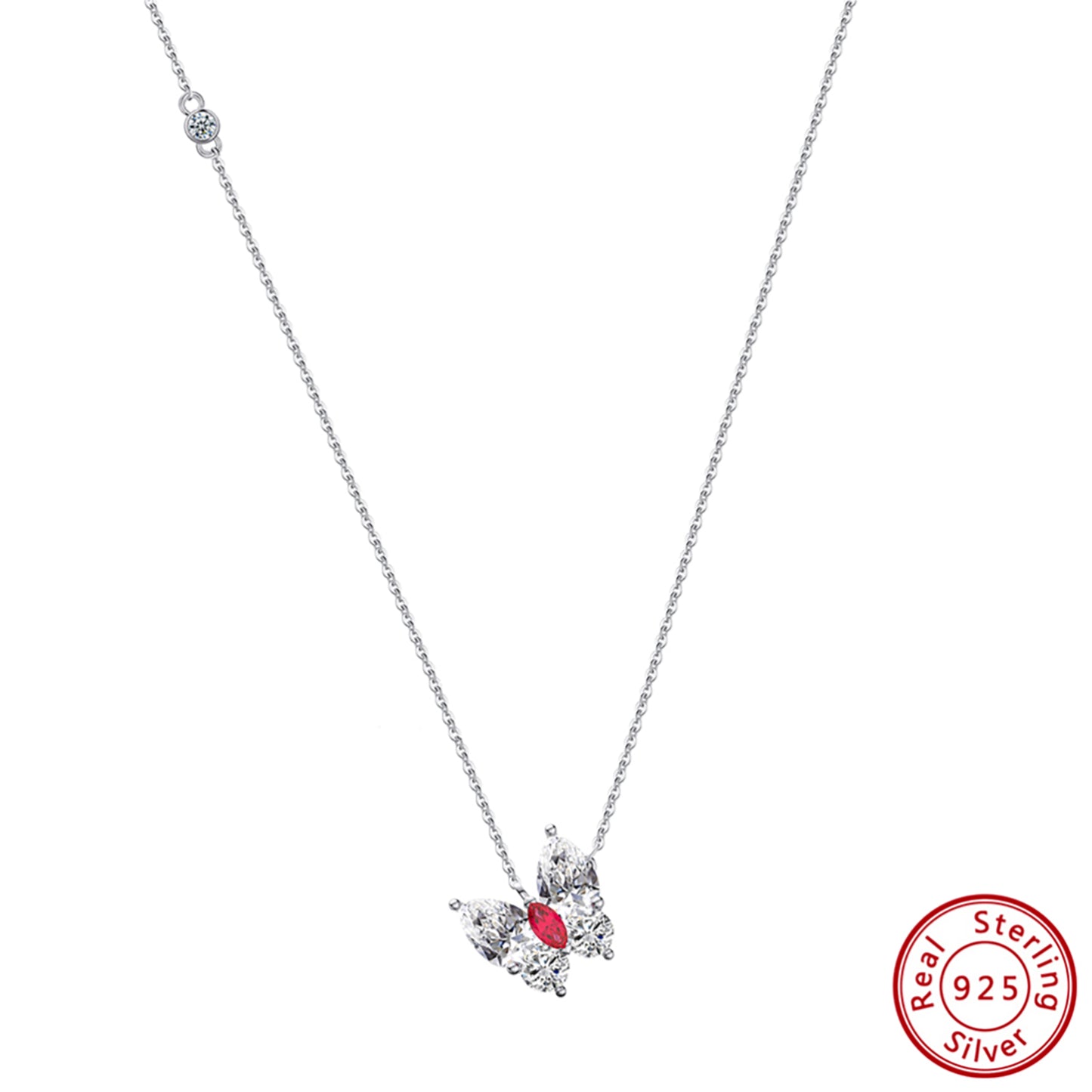 Elegant Crystal Butterfly Silver Necklace - 925 Sterling with Red Accent
