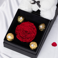 طقم هدية الحب الأبدي | دمية دب محشوة ووردة حمراء أبدية مع شوكولاتة