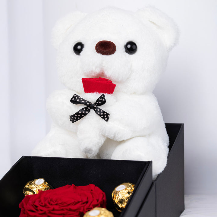 طقم هدية الحب الأبدي | دمية دب محشوة ووردة حمراء أبدية مع شوكولاتة