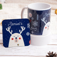 مجموعة كوب وواقٍ بتصميم غزال شخصي أزرق مع اسم مخصص