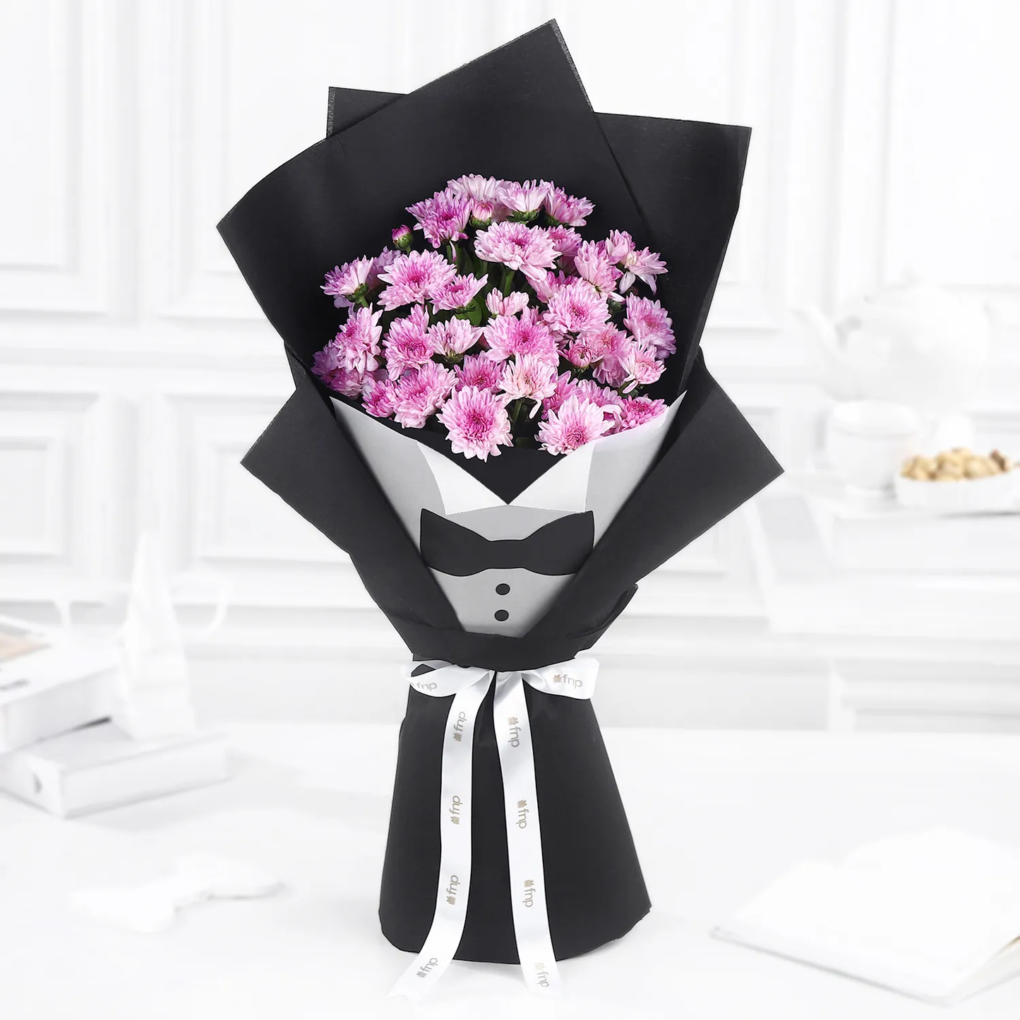 Elegant Daisy Flower Bouquet in Tuxedo Wrap for the Distinguished Gentleman