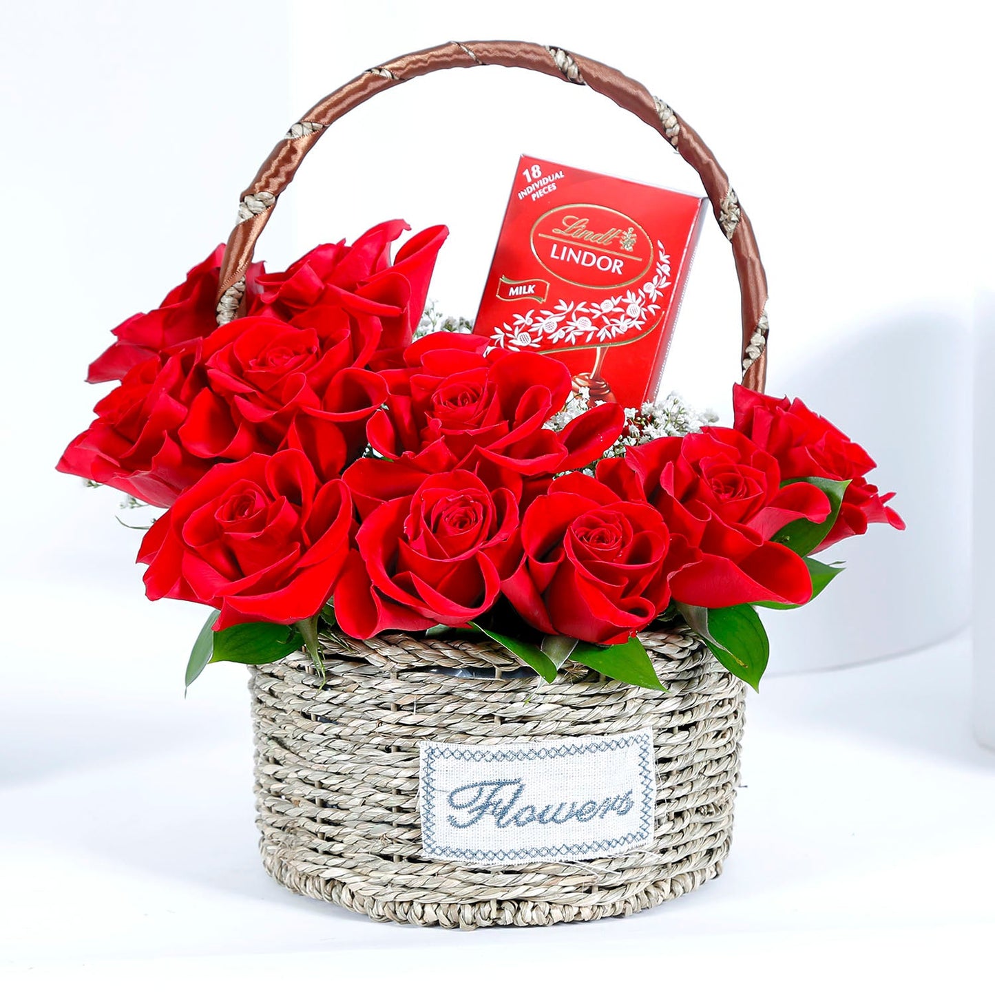 Radiant Red Roses with Luxurious Lindt Chocolate Basket