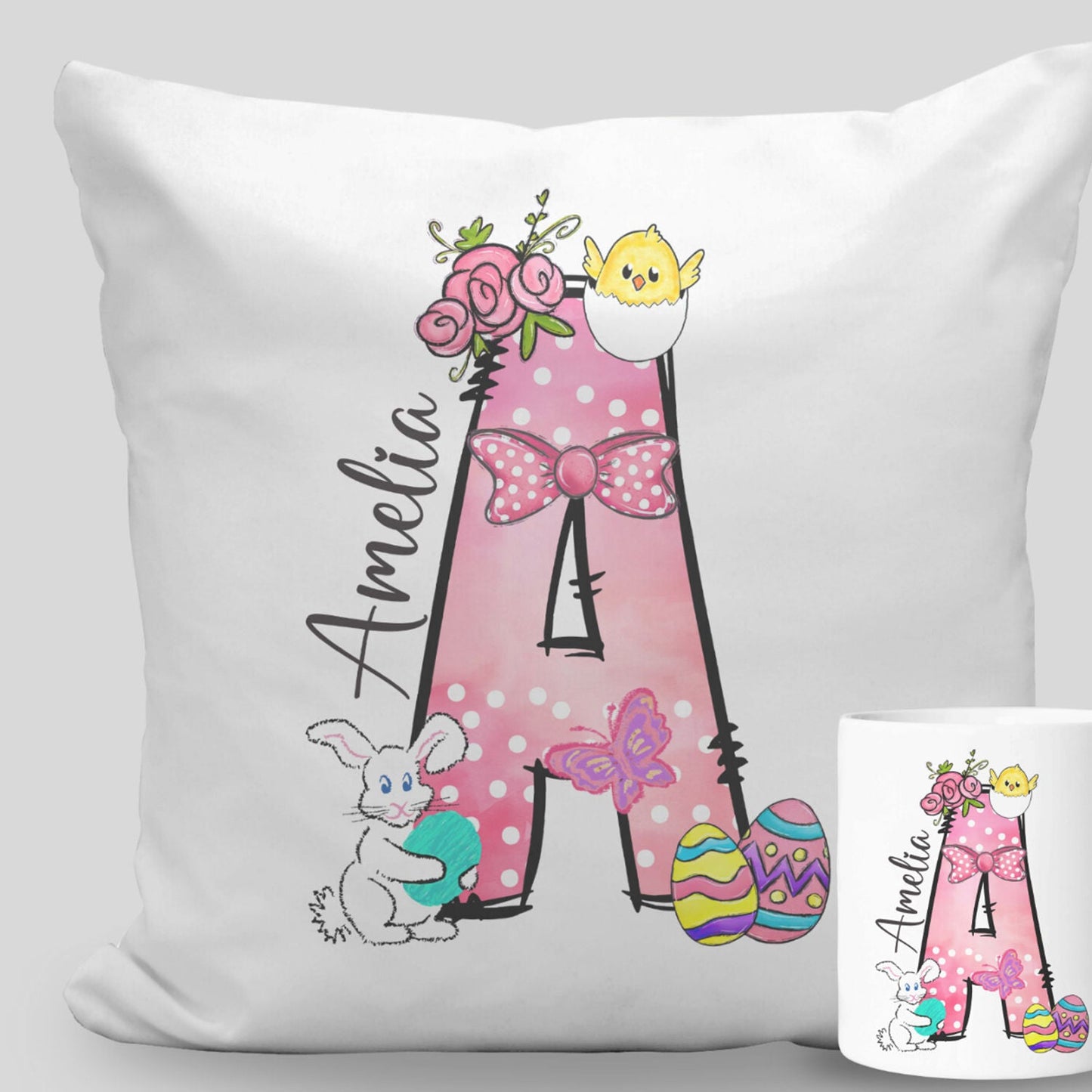 Personalized Easter Name Initial Mug and Cushion Set