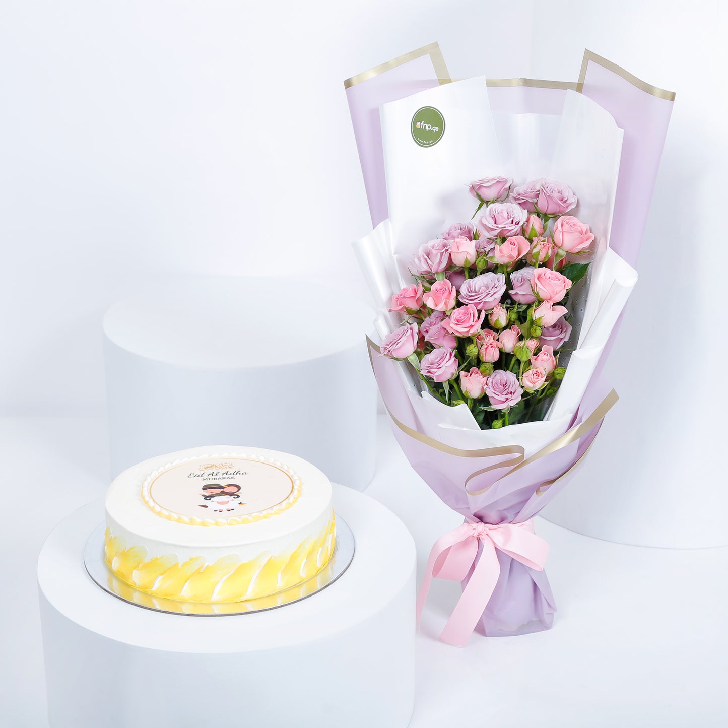 Eid Al-Adha Celebration: Red Velvet Cake with Elegant Purple Bouquet