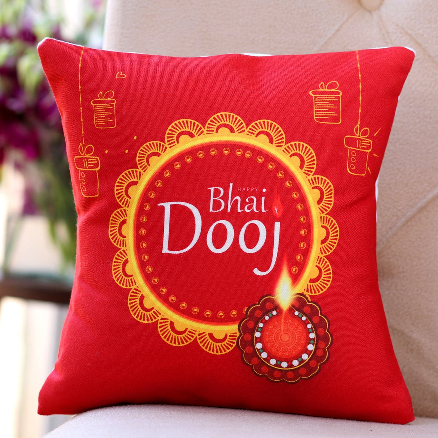 Elegant Bhai Dooj Celebration Cushion with Vibrant Design