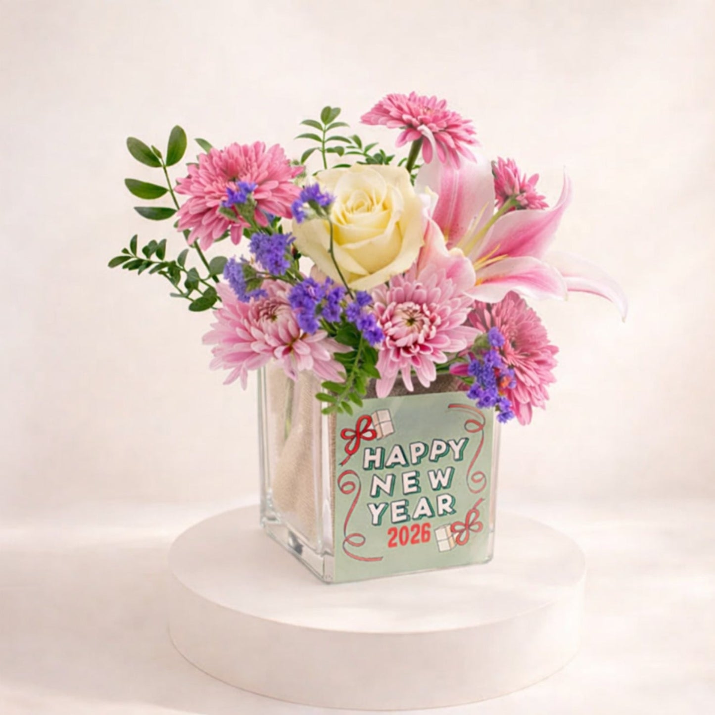Blissful Pink & White Floral Vase Arrangement for New Year