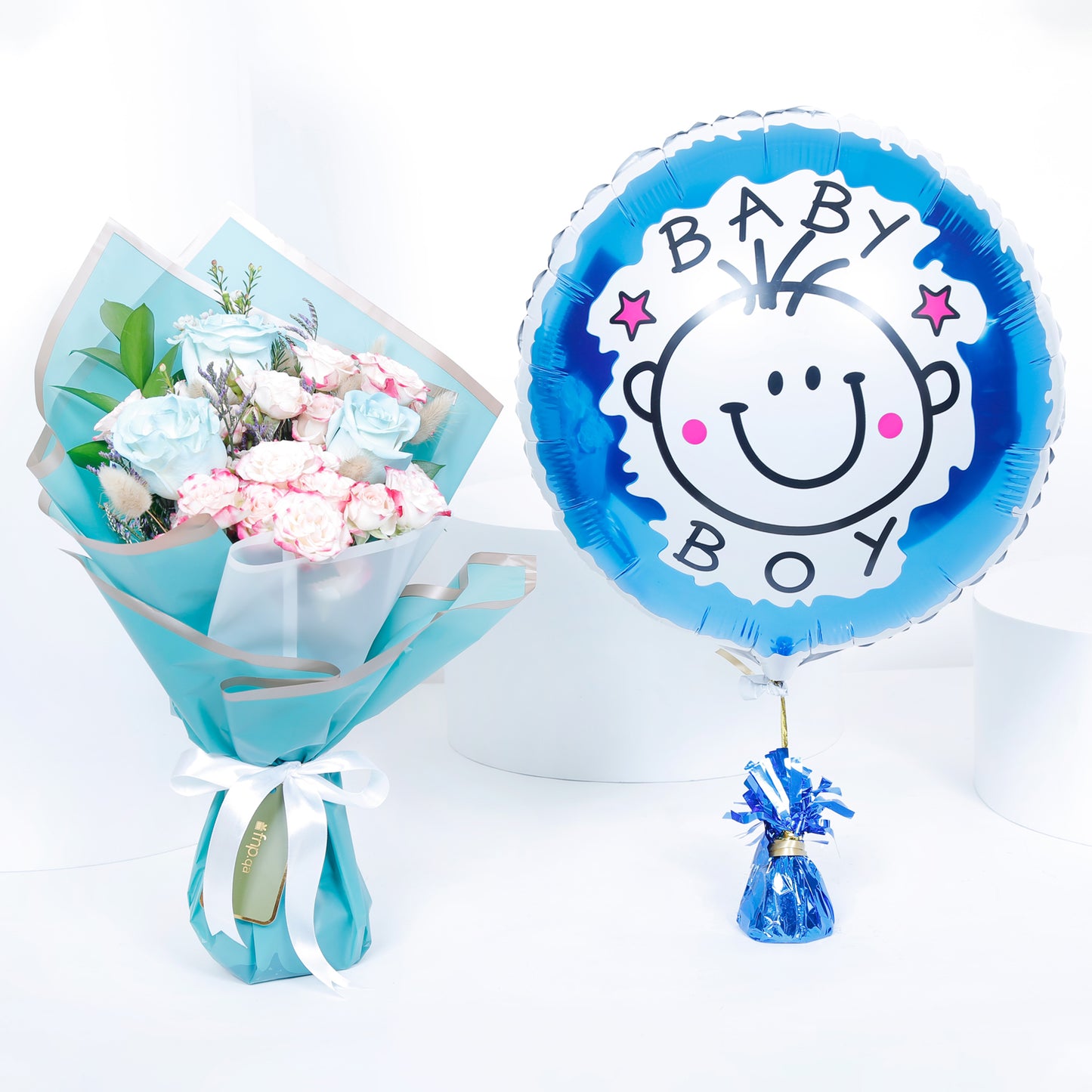 Empire Chocolate Gift Set: Baby Blue Box with Bouquet & Baby Boy Balloon