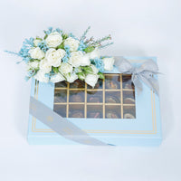 Empire Chocolate: Luxurious Baby Blue Gift Box with 35 Assorted Chocolates & Elegant White Rose Bouquet