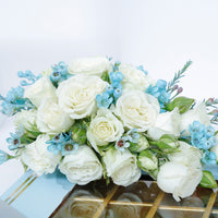 Empire Chocolate: Luxurious Baby Blue Gift Box with 35 Assorted Chocolates & Elegant White Rose Bouquet