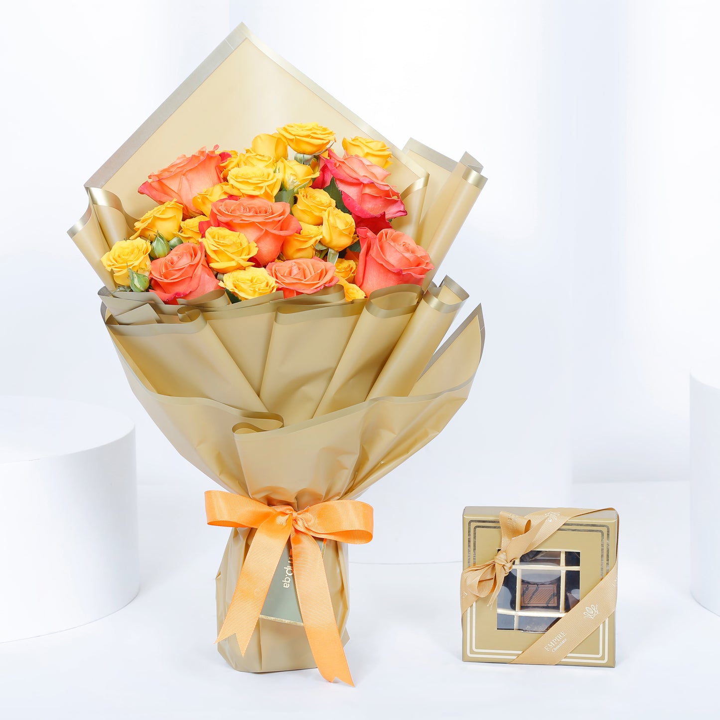 Empire Chocolate Gift Set | Luxurious Gold Chocolate Box with Assorted Delights & Vibrant Hand Bouquet