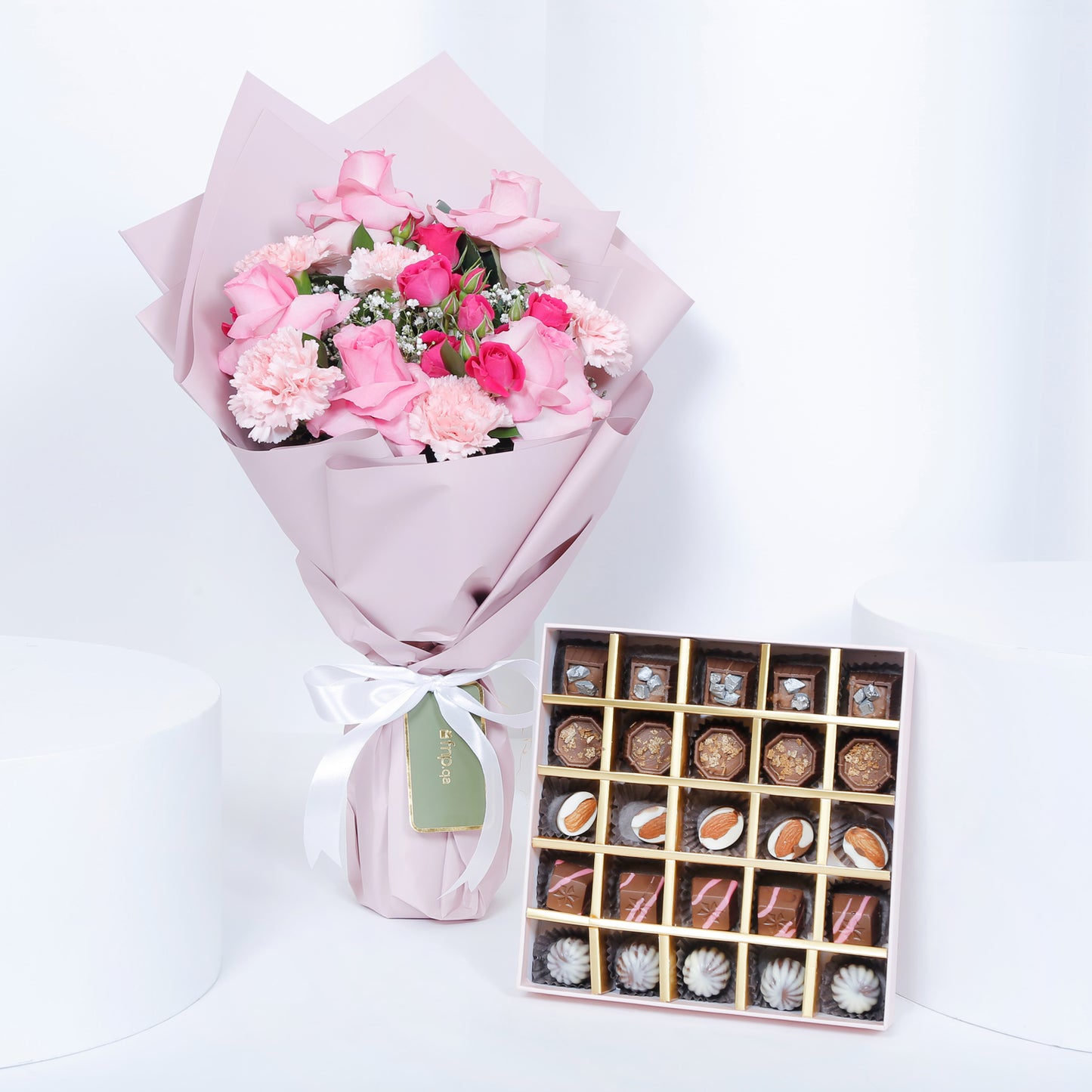 Empire Chocolate Pink Box: 25 Assorted Chocolates & Elegant Hand Bouquet