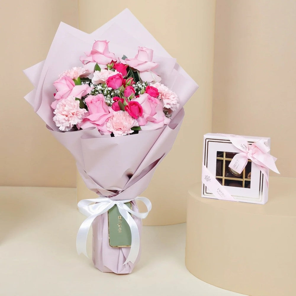 Deluxe Baby Girl Celebration Set: Pink Roses, Carnations, Chocolate Box & Balloon