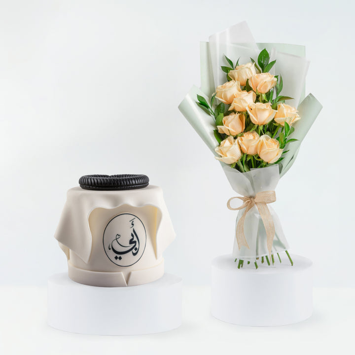 Elegant Father's Day Gift: Peach Roses & Chocolate Cake