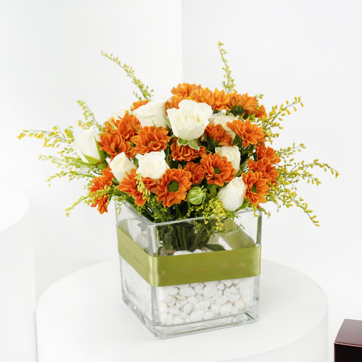 Fiery Strength: Vibrant Orange Chrysanthemum and White Rose Arrangement