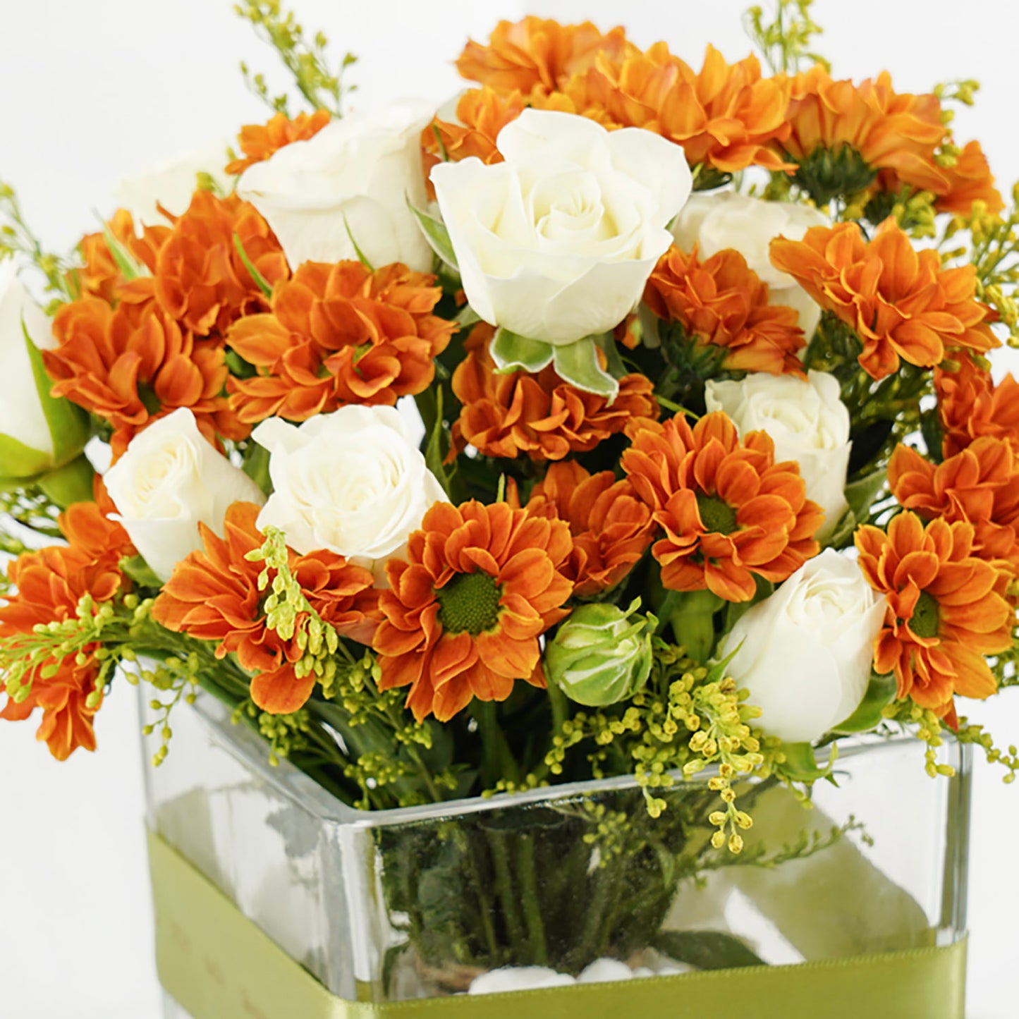 Fiery Strength: Vibrant Orange Chrysanthemum and White Rose Arrangement