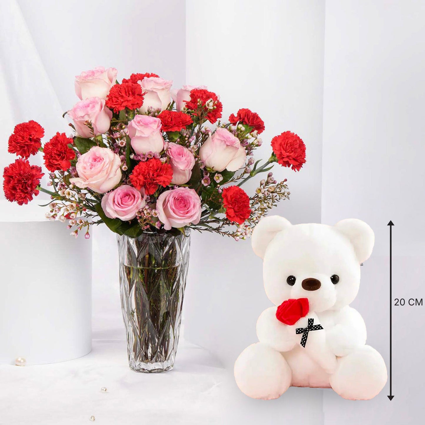 Elegant Pink Roses and Red Carnations with Adorable Teddy