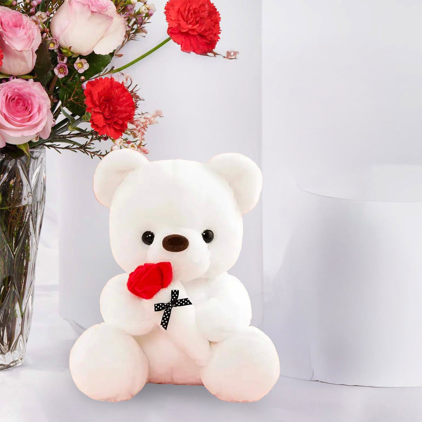 Elegant Pink Roses and Red Carnations with Adorable Teddy