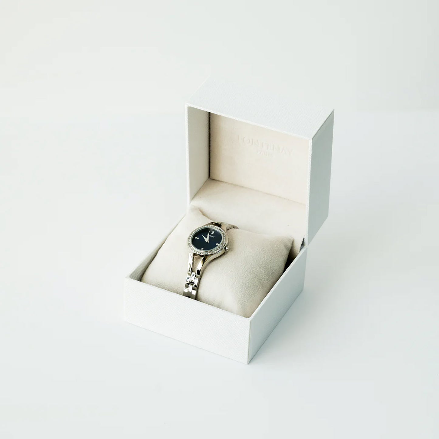 Fontenay Paris Women's Quartz Watch with Crystal-Studded Bezel - Elegant Deep Blue Dial