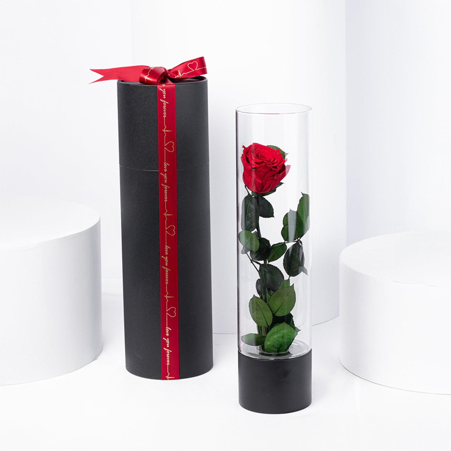 Exquisite Luxury Red Forever Rose in an Elegant Glass Vase