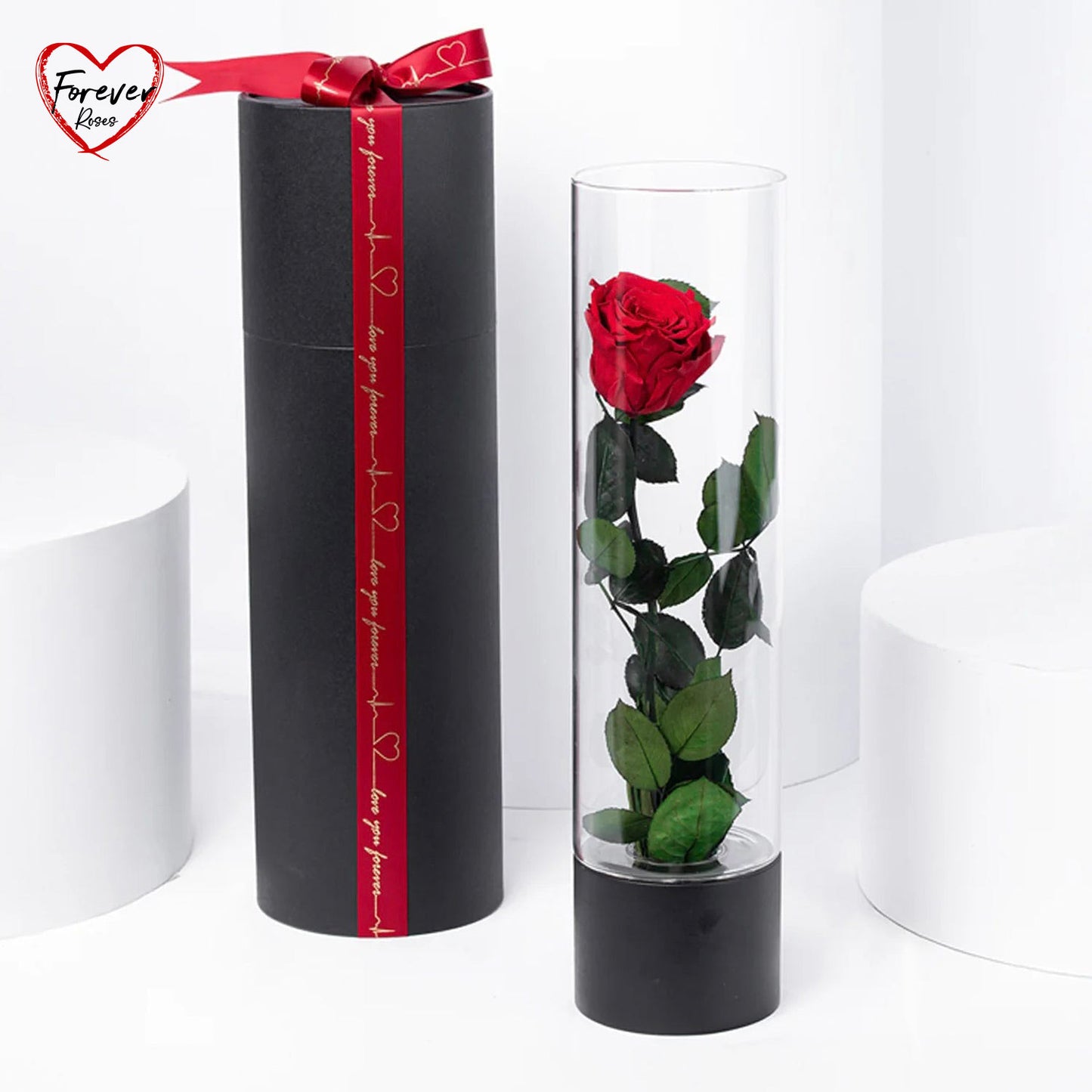 Exquisite Luxury Red Forever Rose in an Elegant Glass Vase