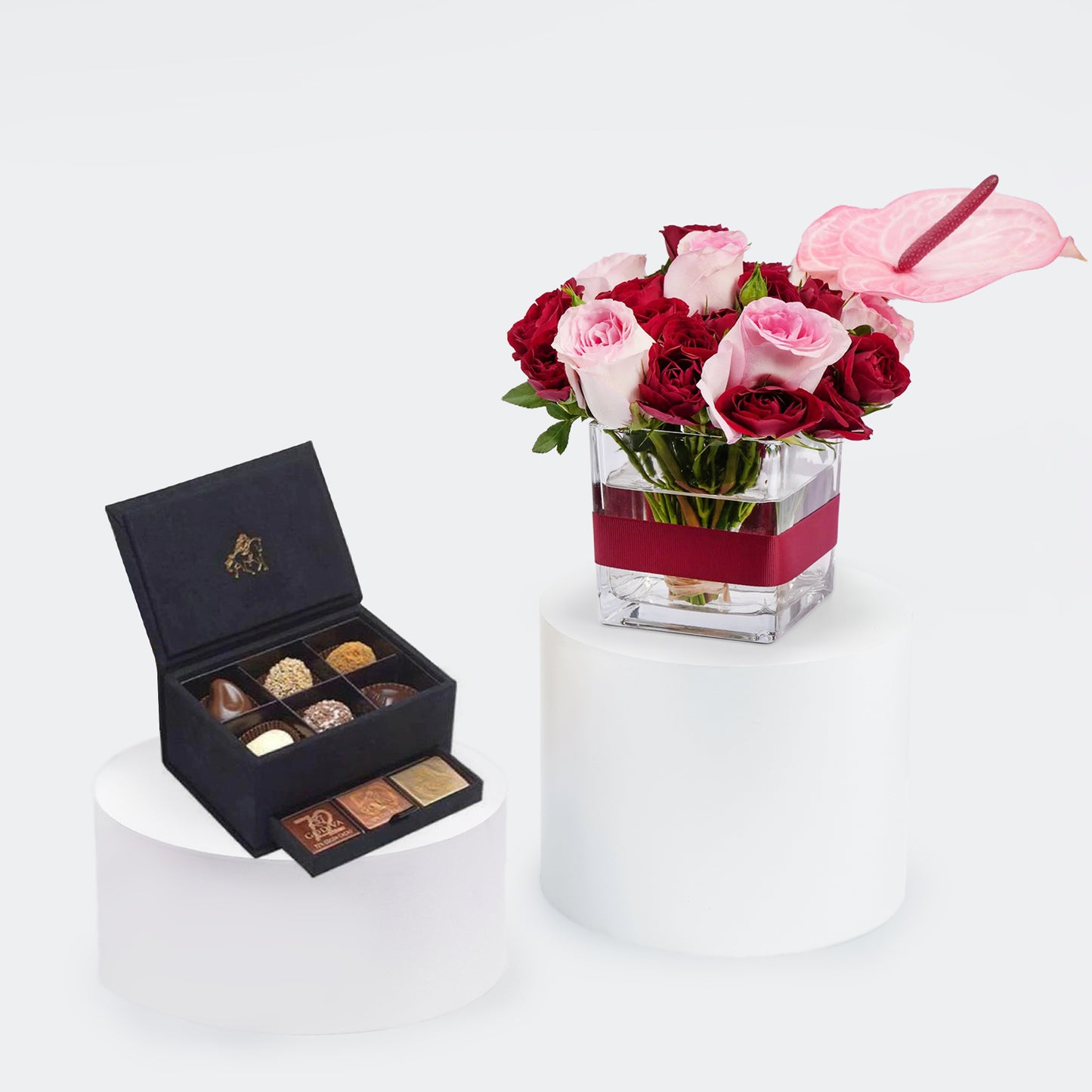 Luxurious Godiva Mini Royal Box with Elegant Red and Pink Floral Vase Arrangement