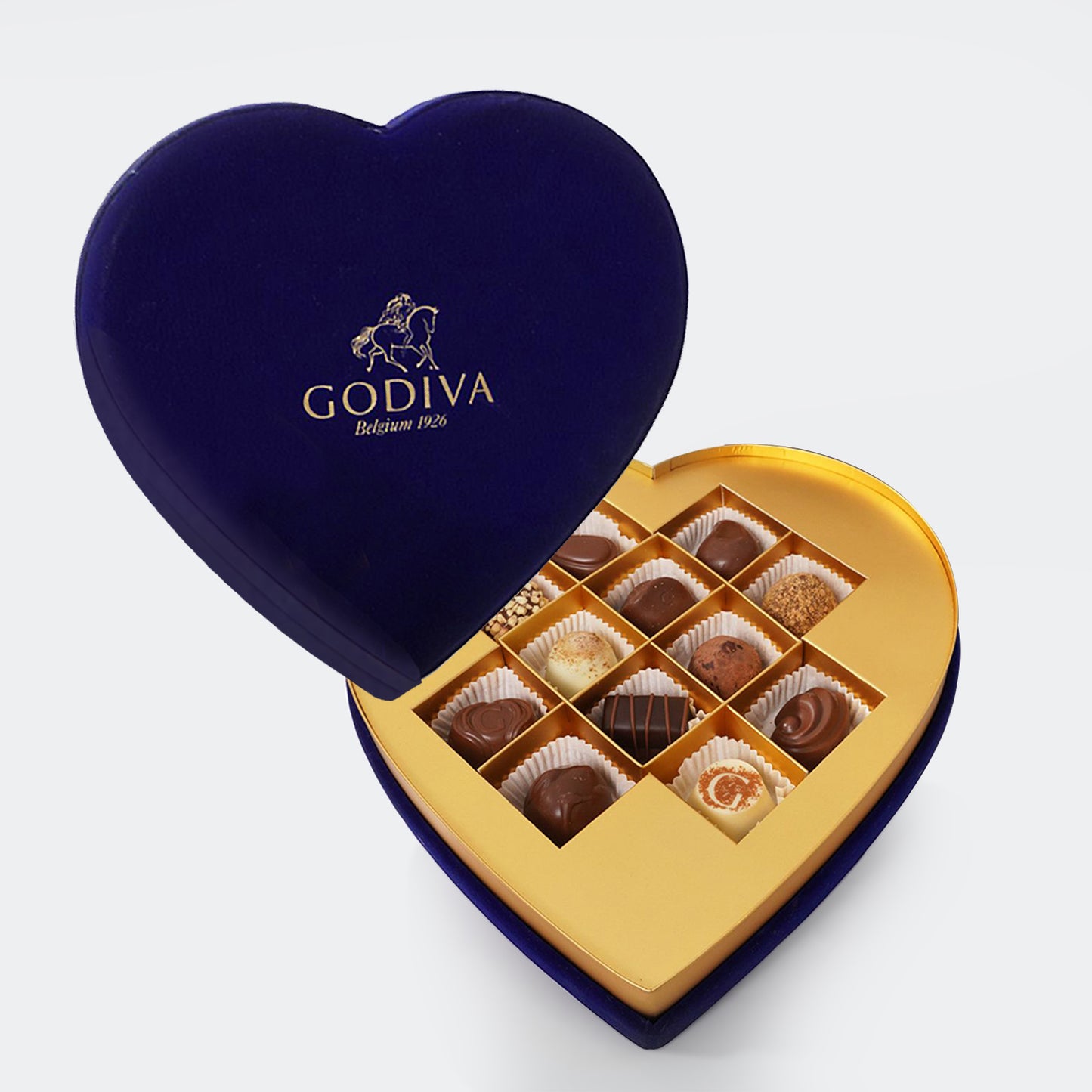 Elegant Godiva Navy Blue Velvet Heart Gift Box with 12 Assorted Chocolates & Charming Pink Bouquet