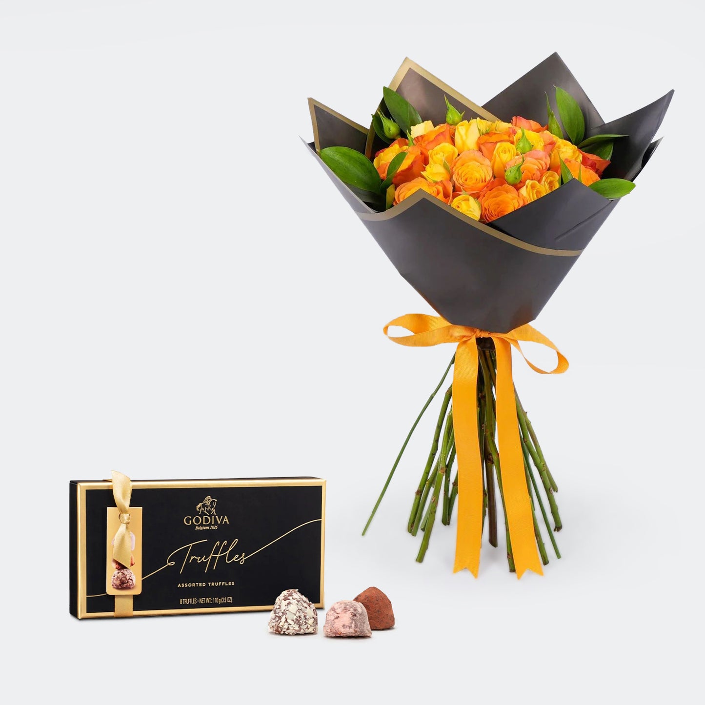 Godiva Truffles & Roses Devotion Set - 8 Assorted Truffles and Elegant Orange Roses Bouquet