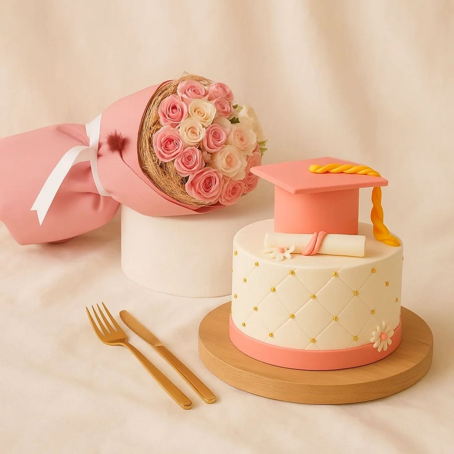 Elegant Graduation Celebration Cake with Pink Baby Rose Bouquet