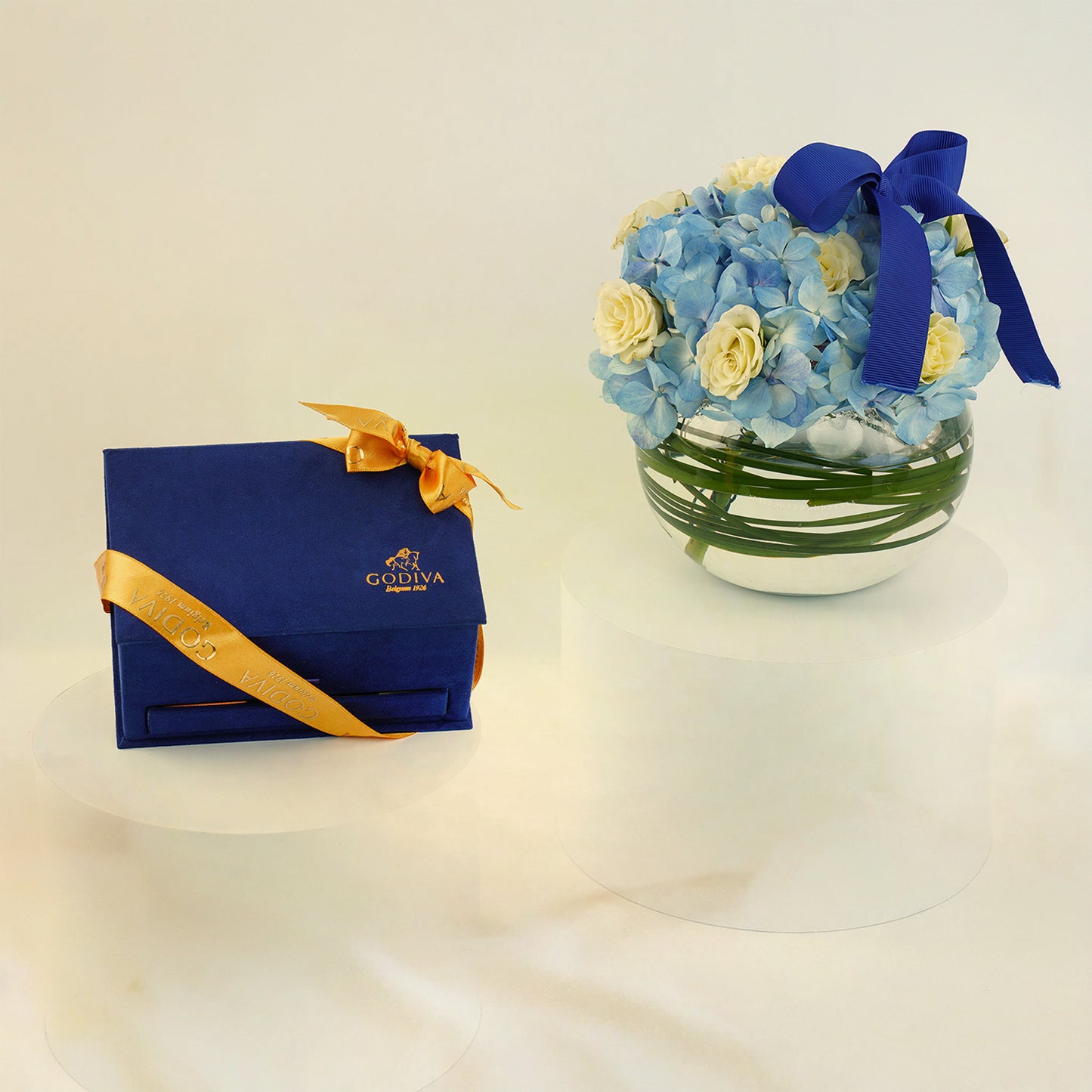Luxurious Godiva Mini Royal Box with Navy Blue Hydrangea Vase Set