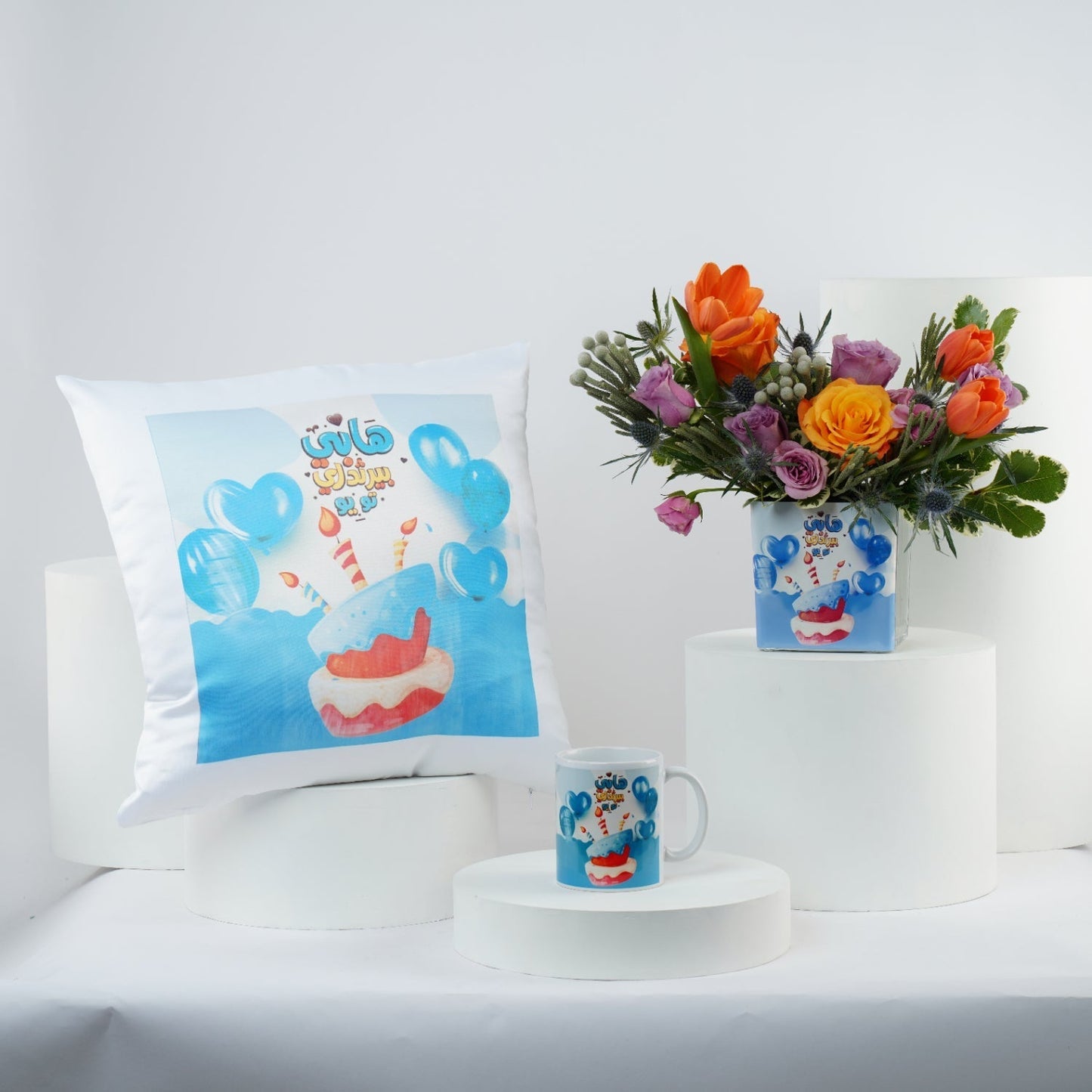 Charming Birthday Flower Vase with Mug and Cushion Gift Set