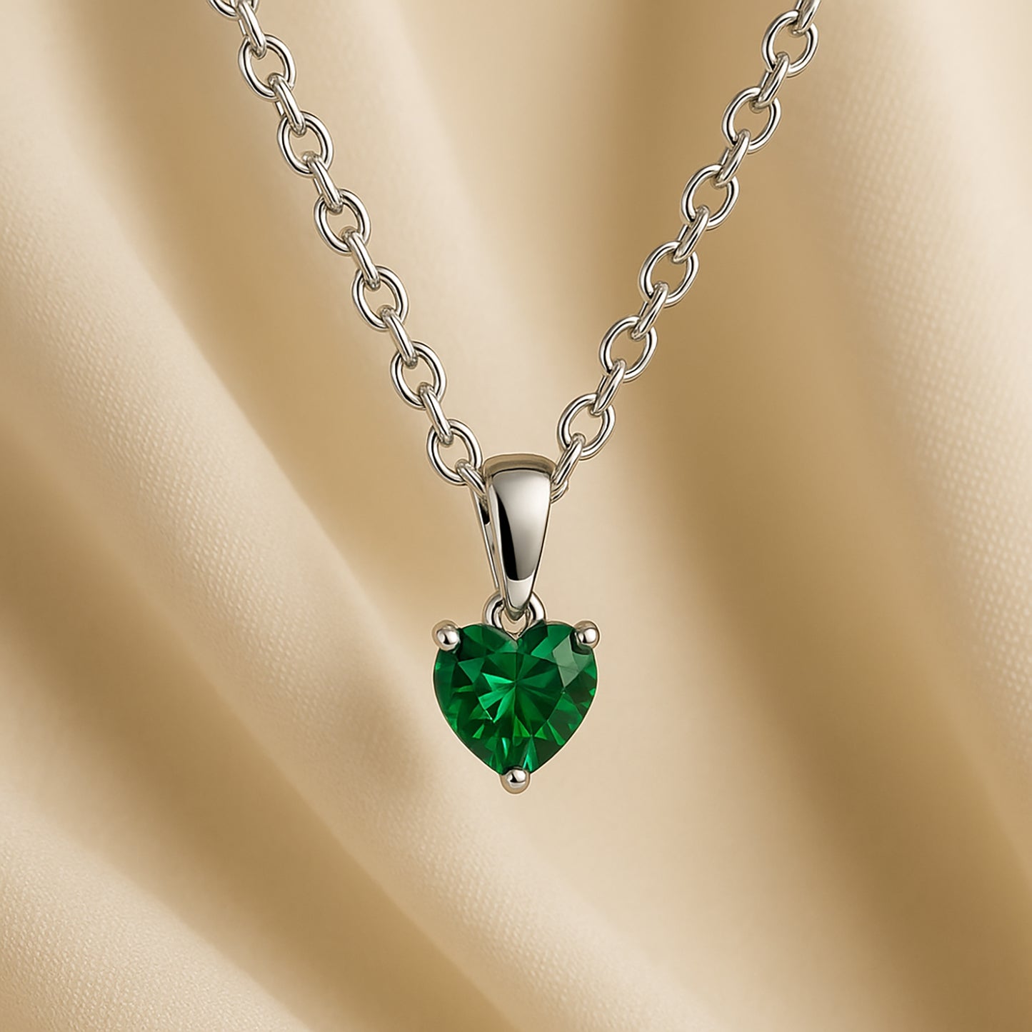 Elegant Heart Green Glow Silver Necklace with Emerald Crystal