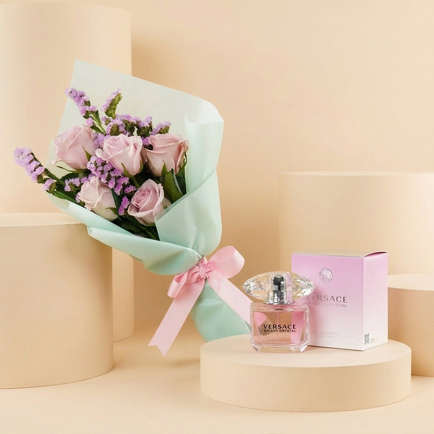 Rosy Love with Versace: Elegant Pink Rose Bouquet & Versace Bright Crystal Perfume