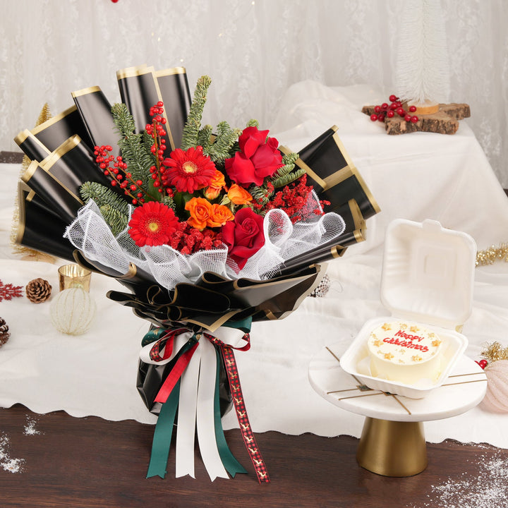 باقة العطلات الاحتفالية وكعكة بنتو بالشوكولاتة