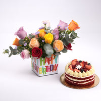 Joyous Birthday Floral Vase with Red Velvet Cake Delight