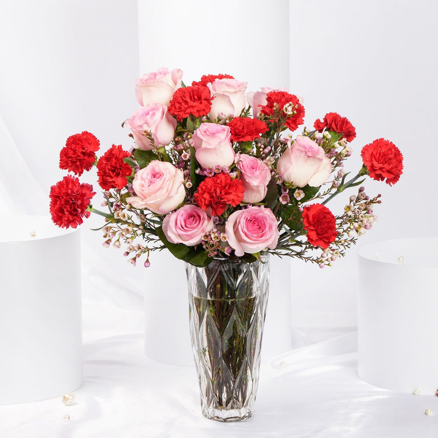 Elegant Pink Roses and Red Carnations with Adorable Teddy