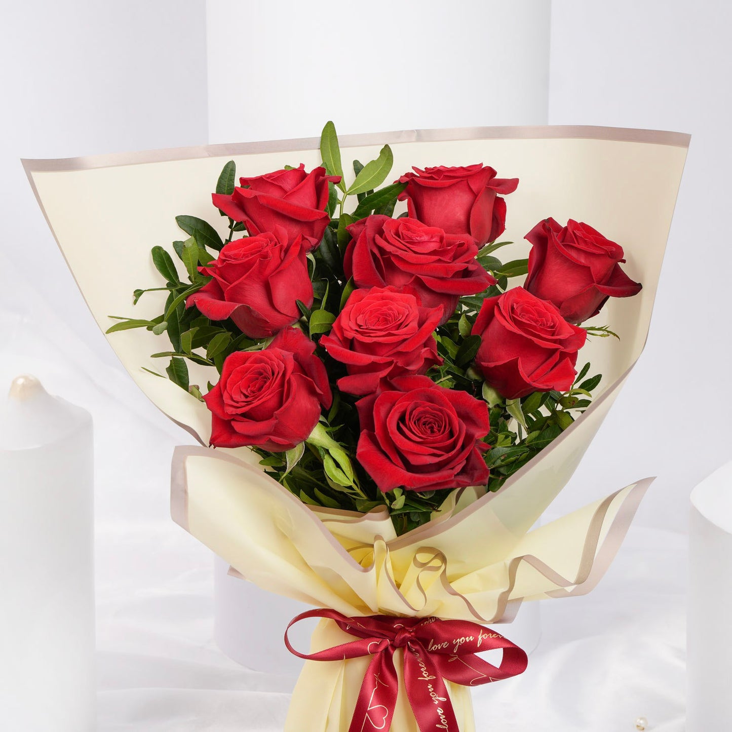 Lovers Bloom: Elegant 9 Red Rose Bouquet with Pistacia Leaves