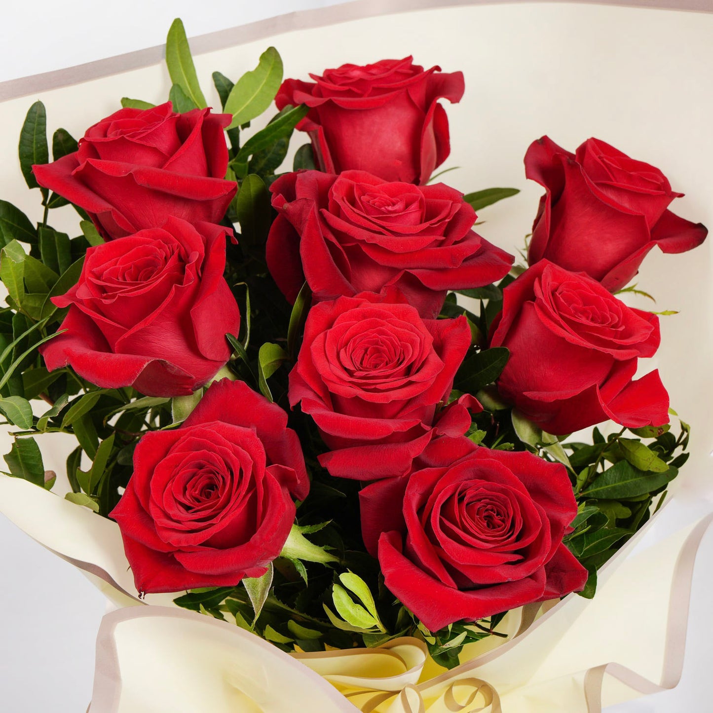 Lovers Bloom: Elegant 9 Red Rose Bouquet with Pistacia Leaves