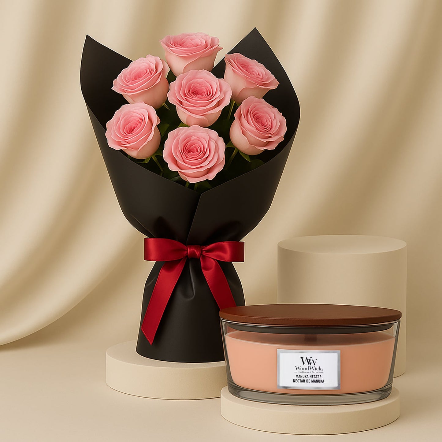 Elegant Manuka Nectar – Noir Bloom Hand Bouquet with Fragrant Candle